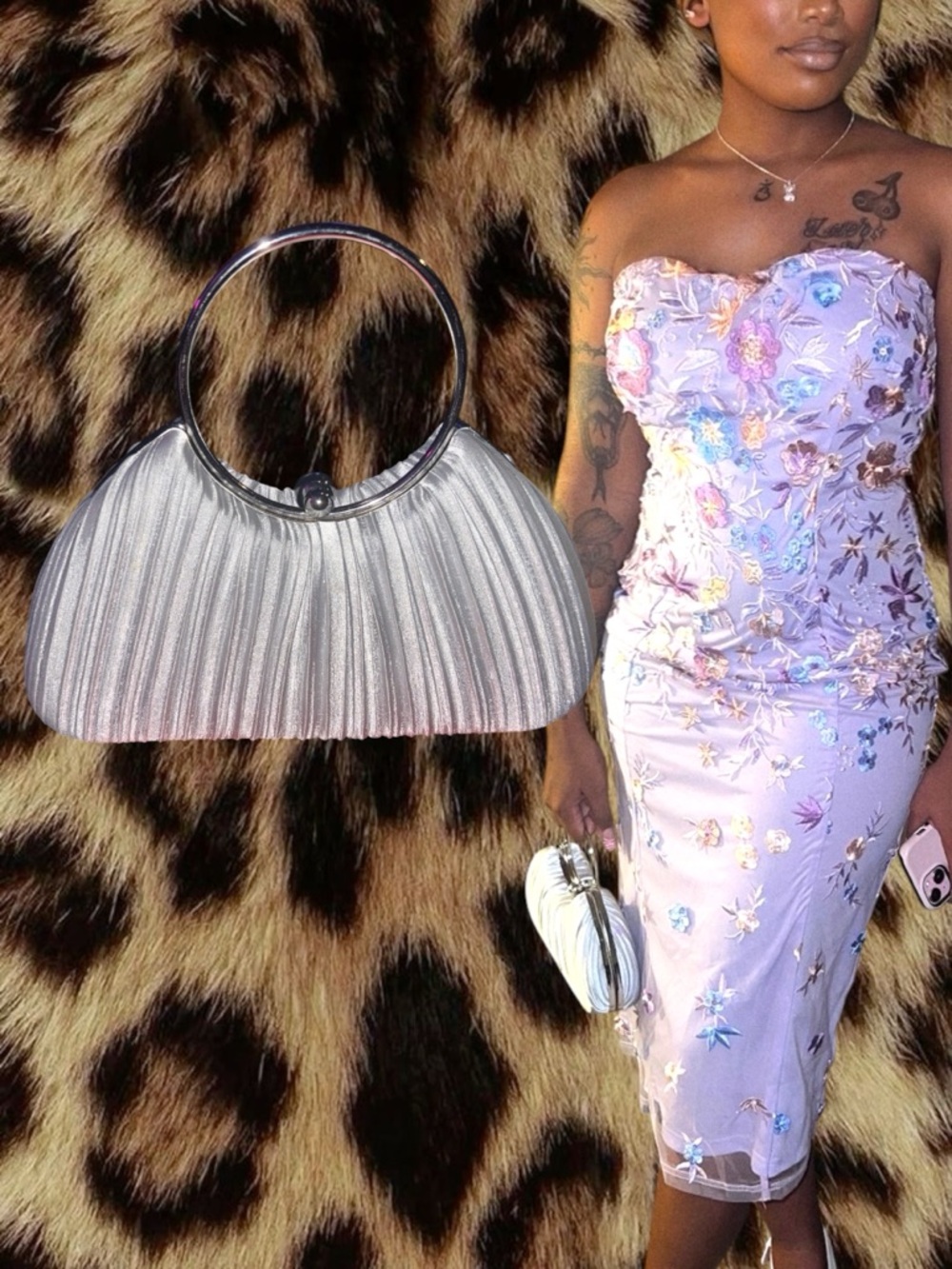 Silver Metallic Pleated Ring-Handle Clutch